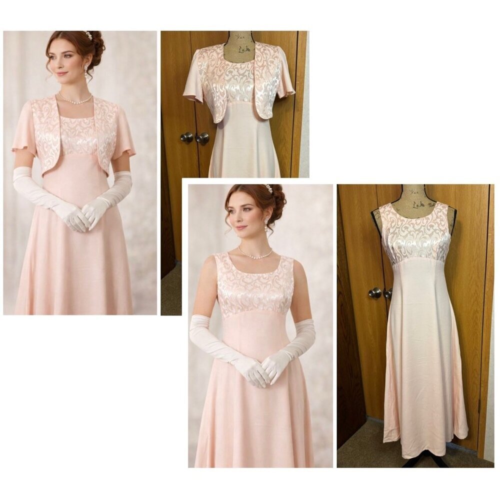 VTG MAURICES Dress Peach Pink Empire Waist Victorian Medieval Bridgerton SMALL/4